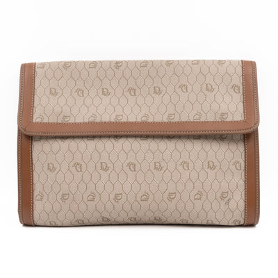 Vintage Large Flap Clutch Honeycomb PVC Canvas Tan Leather