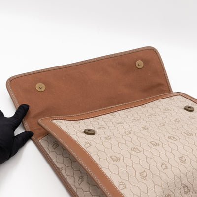 Vintage Large Flap Clutch Honeycomb PVC Canvas Tan Leather