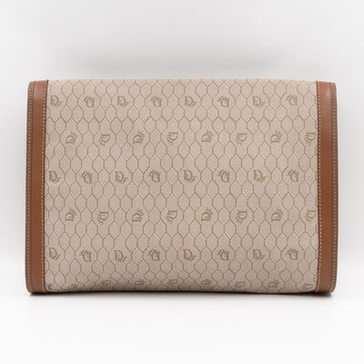 Vintage Large Flap Clutch Honeycomb PVC Canvas Tan Leather