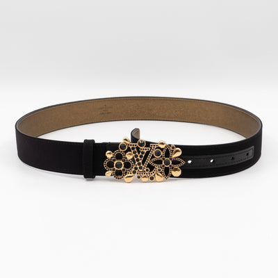 Black Satin Rhinestone Fleurs Runway Belt 85 cm 34 mm