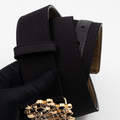 Black Satin Rhinestone Fleurs Runway Belt 85 cm 34 mm
