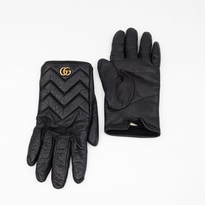 GG Marmont Black Chevron Leather Gloves