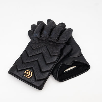 GG Marmont Black Chevron Leather Gloves