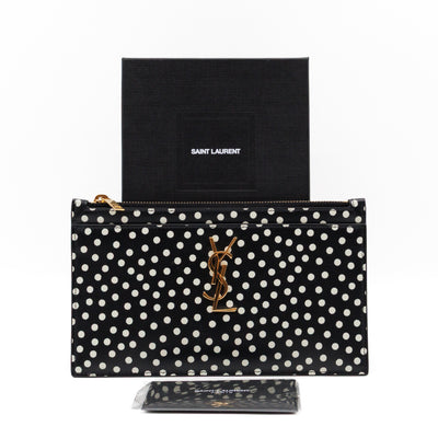 Monogram Zipped Pouch Black Leather Polka Dot