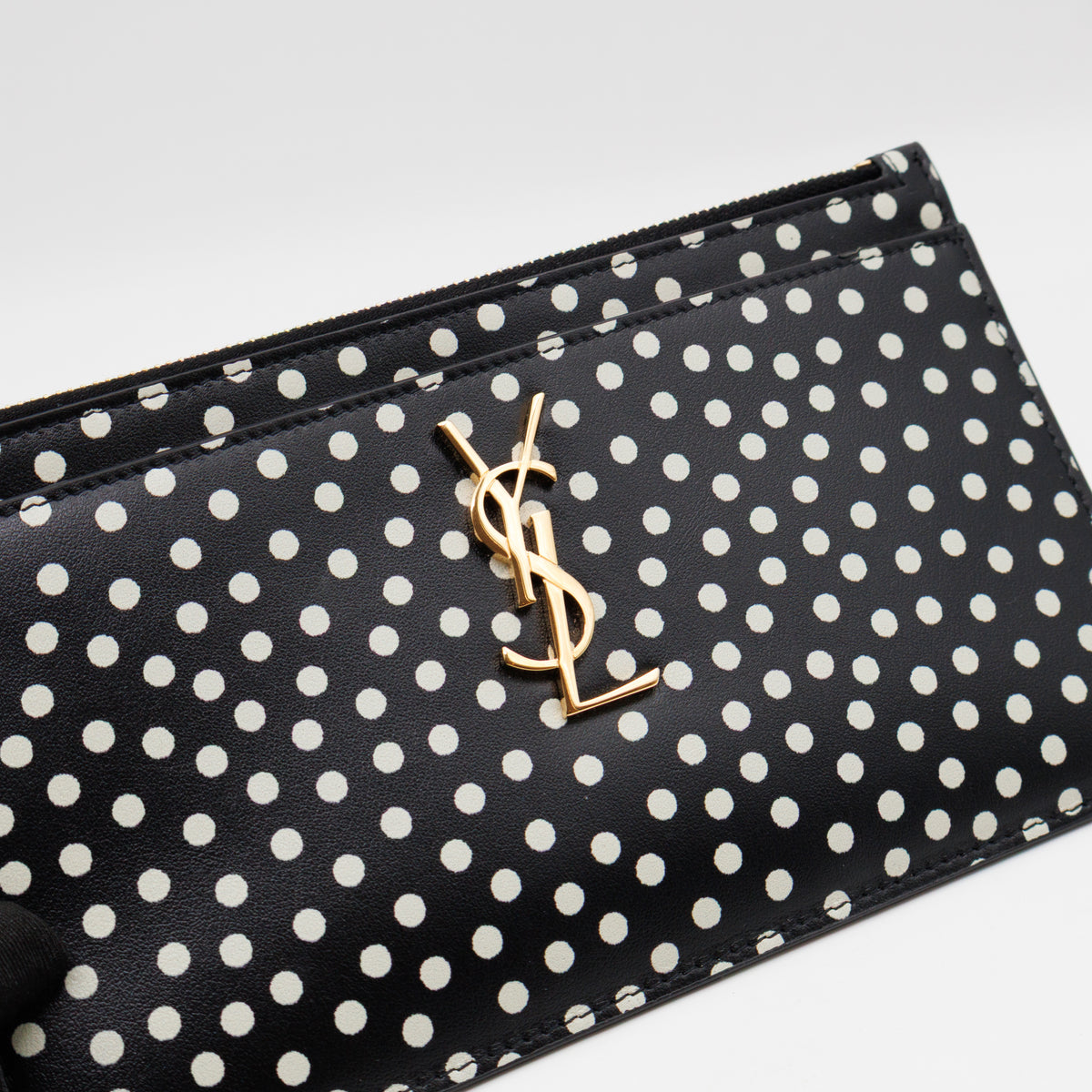 Monogram Zipped Pouch Black Leather Polka Dot