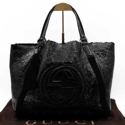 Soho Tote Wool Shearling Crushed Black Patent Leather