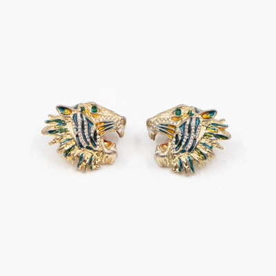 Crystal Enamel Tiger Head Earrings Gold