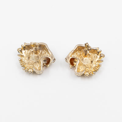 Crystal Enamel Tiger Head Earrings Gold