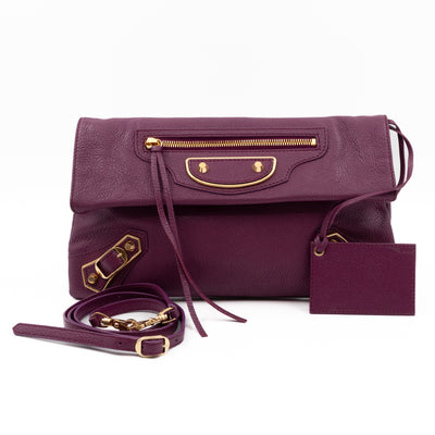 Metallic Edge Envelope Clutch Crossbody Purple Leather