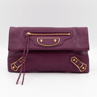Metallic Edge Envelope Clutch Crossbody Purple Leather