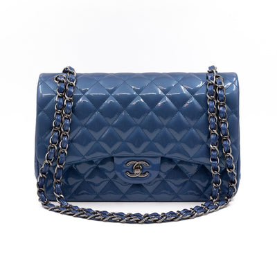 Classic Double Flap Jumbo Royal Blue Metallic Patent Leather