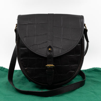 Vintage Crossbody Bag Black Croc Embossed Leather