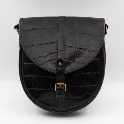 Vintage Crossbody Bag Black Croc Embossed Leather