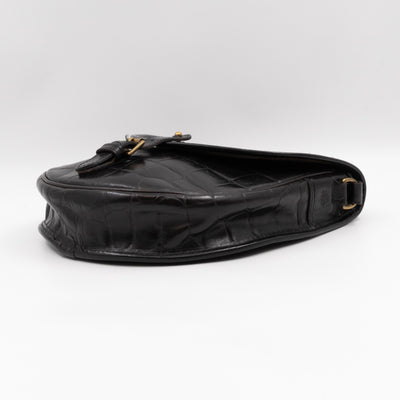 Vintage Crossbody Bag Black Croc Embossed Leather