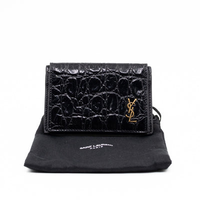 Uptown Flap Card Holder Black Croc Embossed Leather