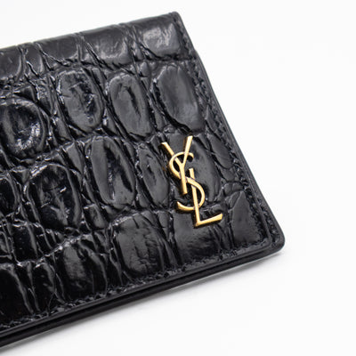 Uptown Flap Card Holder Black Croc Embossed Leather
