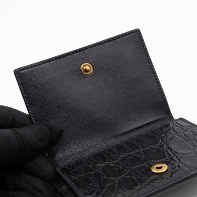 Uptown Flap Card Holder Black Croc Embossed Leather