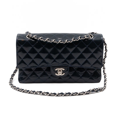 Classic Double Flap Bag Medium Navy Blue Patent Leather Silver