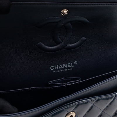 Classic Double Flap Bag Medium Navy Blue Patent Leather Silver