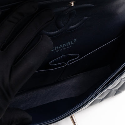 Classic Double Flap Bag Medium Navy Blue Patent Leather Silver