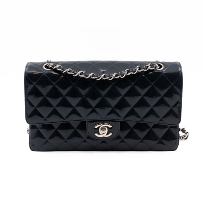 Classic Double Flap Bag Medium Navy Blue Patent Leather Silver
