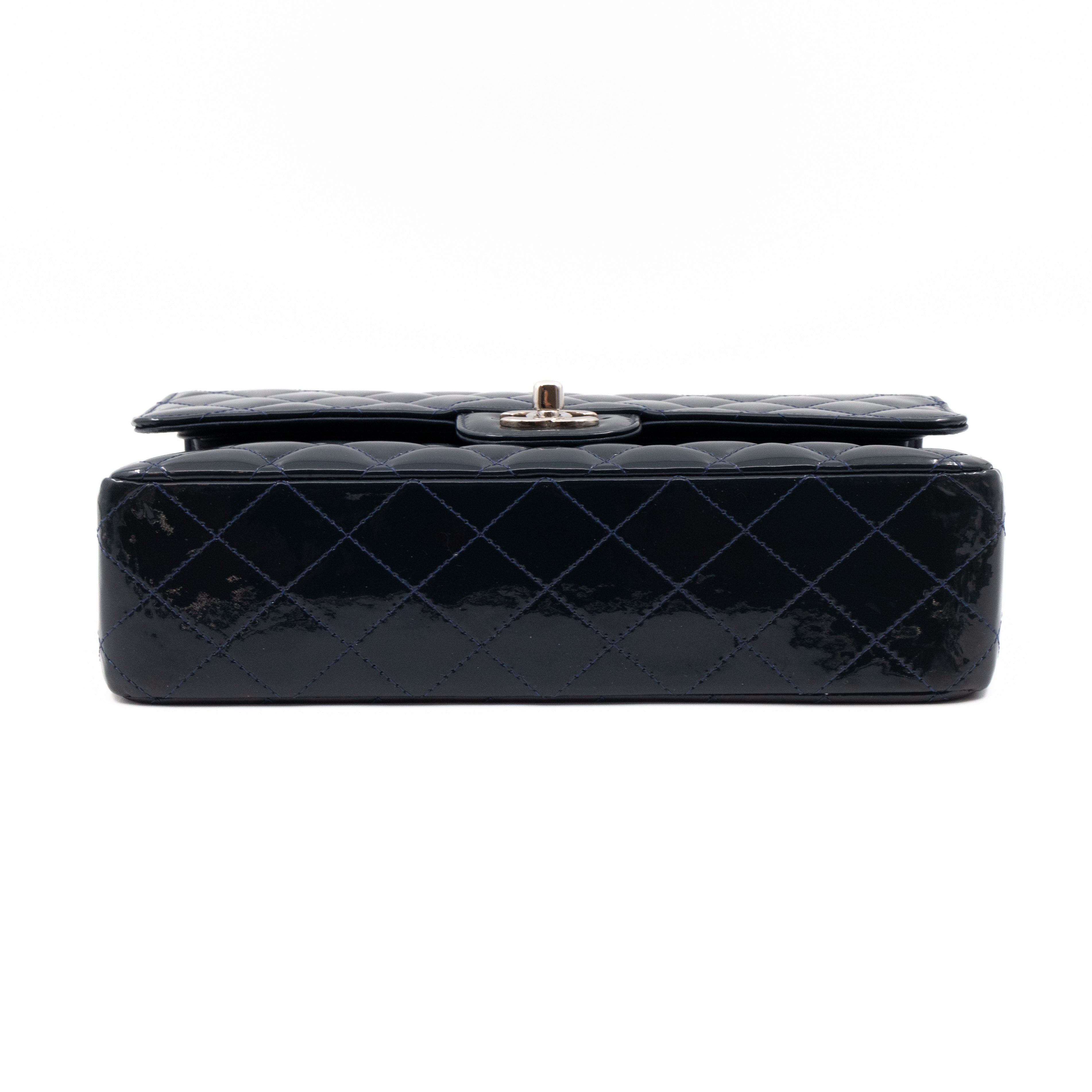 Classic Double Flap Bag Medium Navy Blue Patent Leather Silver