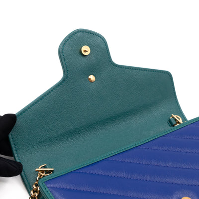 GG Marmont Flap Diagonal Matelassé Chain Wallet Blue Leather