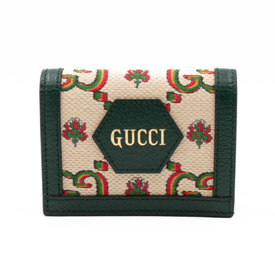 Gucci 100 Card Case Green Leather Beige Jacquard
