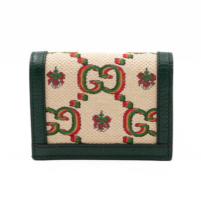 Gucci 100 Card Case Green Leather Beige Jacquard