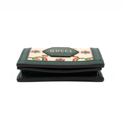 Gucci 100 Card Case Green Leather Beige Jacquard