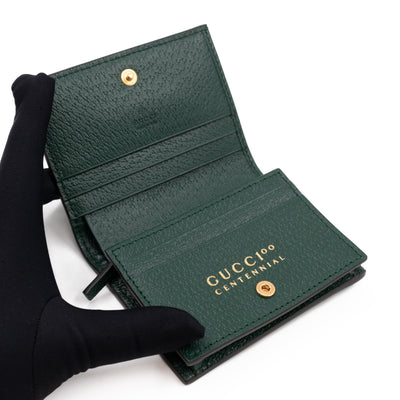 Gucci 100 Card Case Green Leather Beige Jacquard