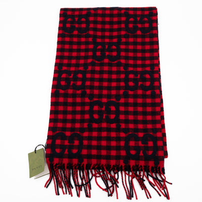 GG Plaid Tartan Wool Scarf Stole Red & Dark Blue
