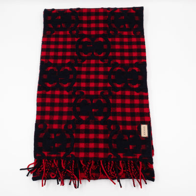 GG Plaid Tartan Wool Scarf Stole Red & Dark Blue