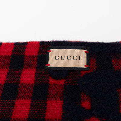 GG Plaid Tartan Wool Scarf Stole Red & Dark Blue