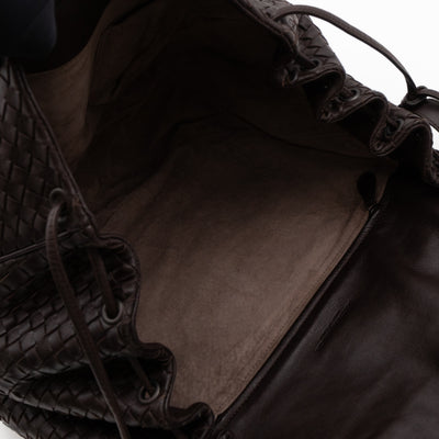 Large Drawstring Flap Crossbody Bag Intrecciato Dark Brown Leather