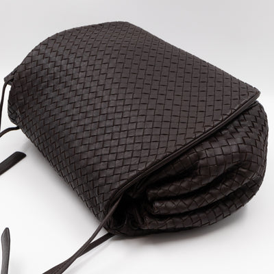 Large Drawstring Flap Crossbody Bag Intrecciato Dark Brown Leather