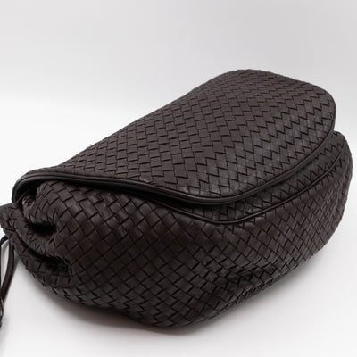Large Drawstring Flap Crossbody Bag Intrecciato Dark Brown Leather