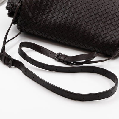 Large Drawstring Flap Crossbody Bag Intrecciato Dark Brown Leather