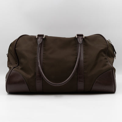 Duffle Green Nylon and Brown Leather Travel Bag
