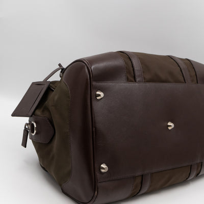 Duffle Green Nylon and Brown Leather Travel Bag