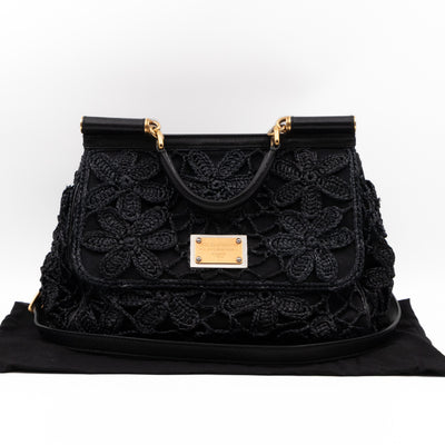 Sicily Large Floral Crocheted Lace Black Leather
