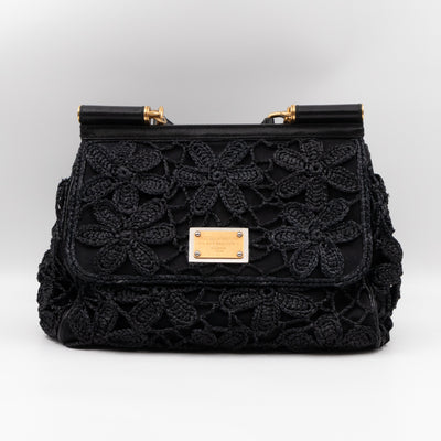 Sicily Large Floral Crocheted Lace Black Leather