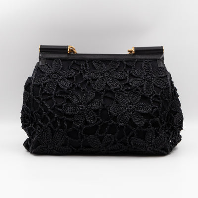 Sicily Large Floral Crocheted Lace Black Leather
