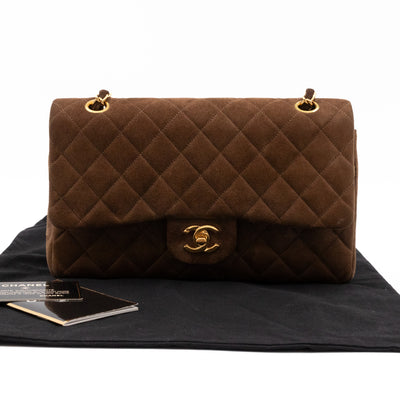 Classic Double Flap Bag Medium Brown Suede Leather Gold