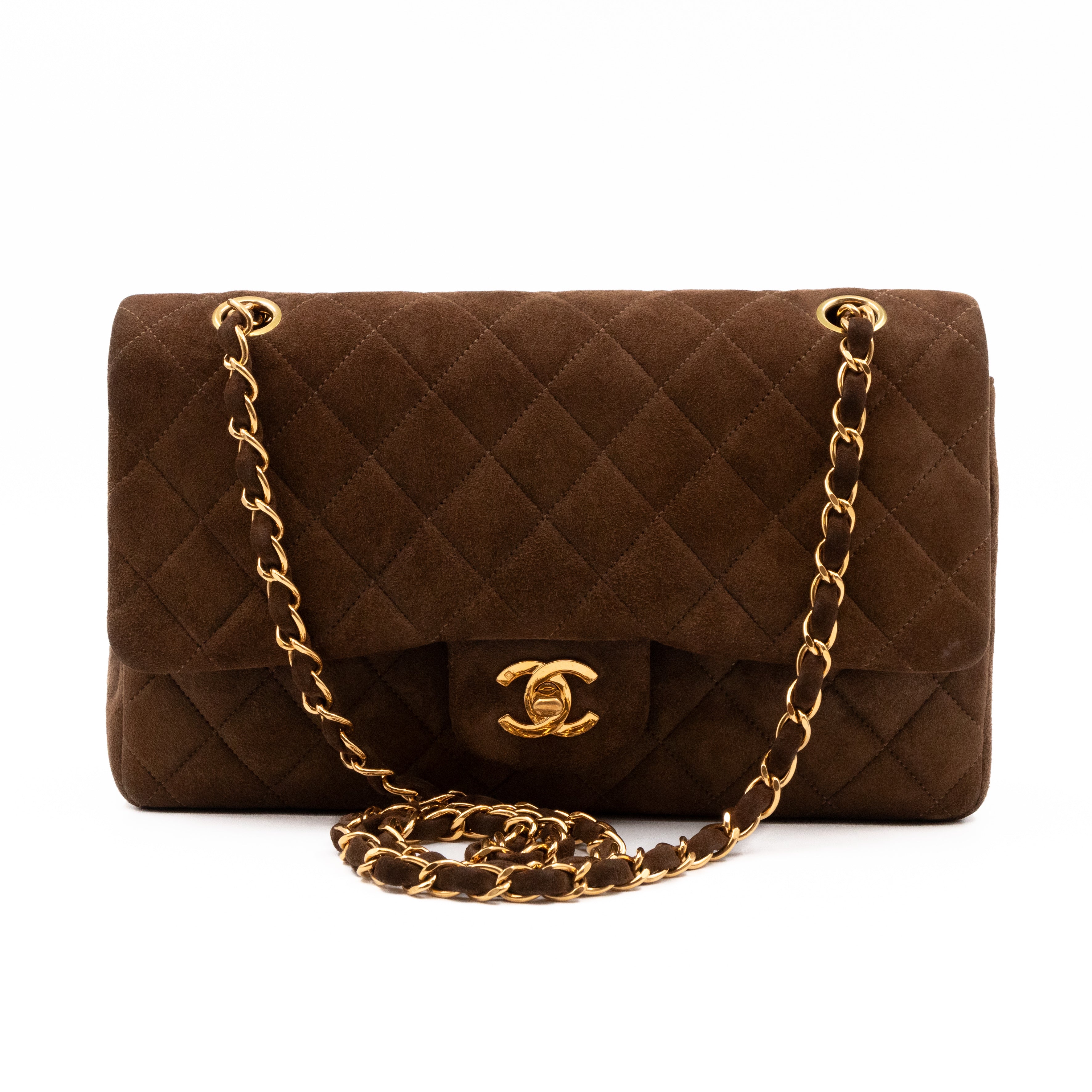Classic Double Flap Bag Medium Brown Suede Leather Gold