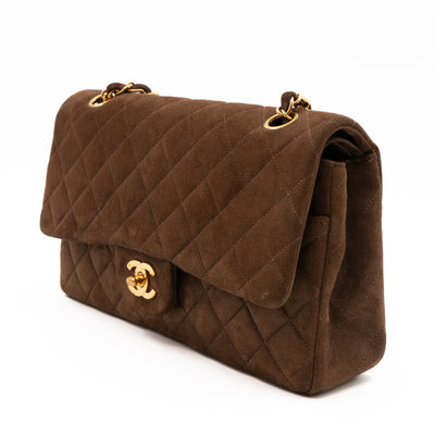 Classic Double Flap Bag Medium Brown Suede Leather Gold