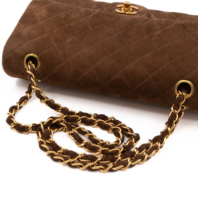 Classic Double Flap Bag Medium Brown Suede Leather Gold