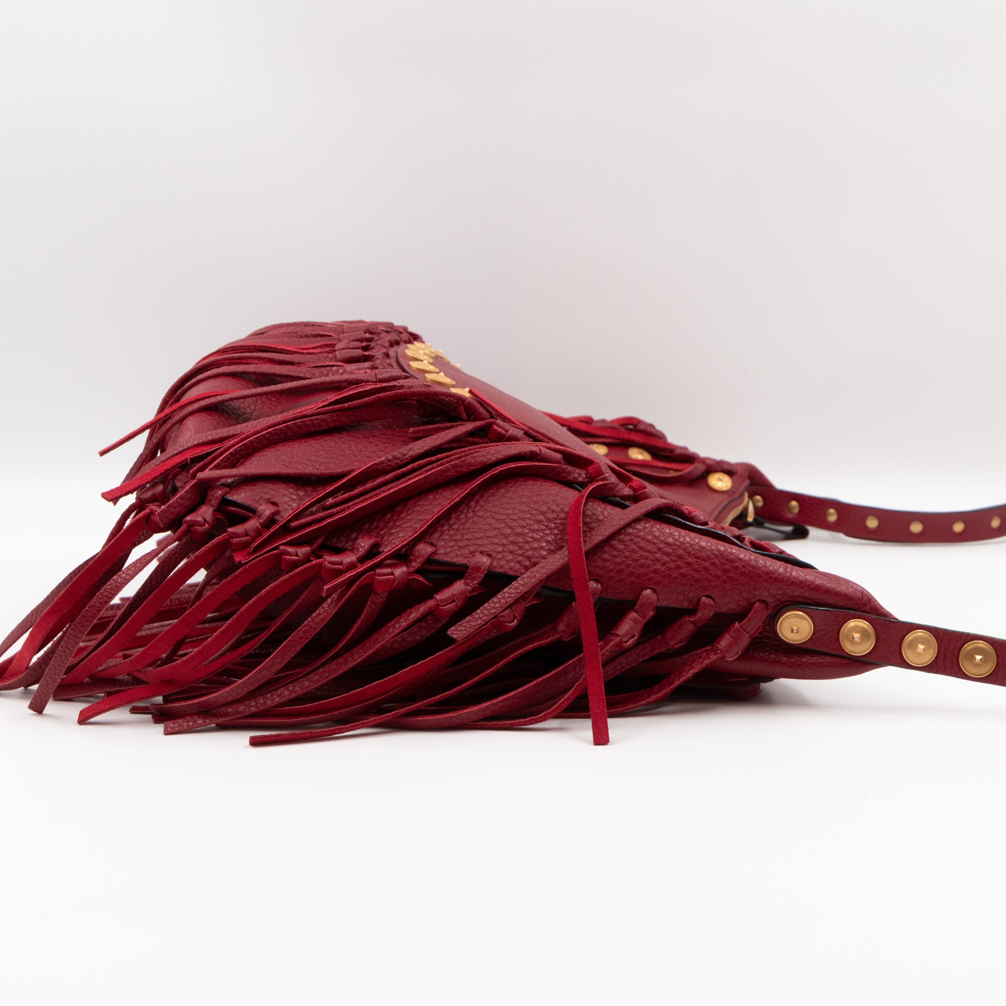 C-Rockee Studded Fringe Hobo Red Leather