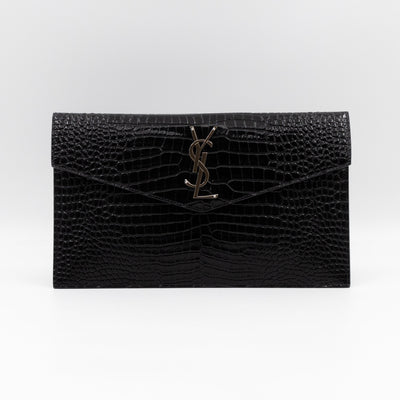 Uptown Pouch Black Croc Embossed Leather Silver