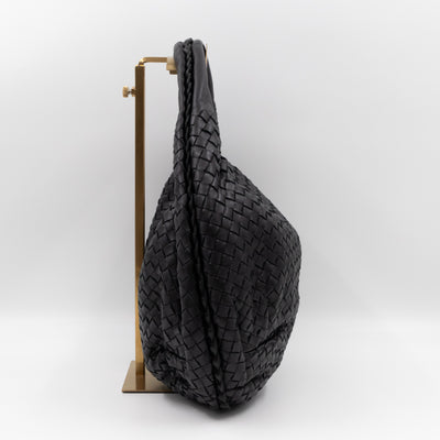 Belly Hobo Bag Intrecciato Black Leather